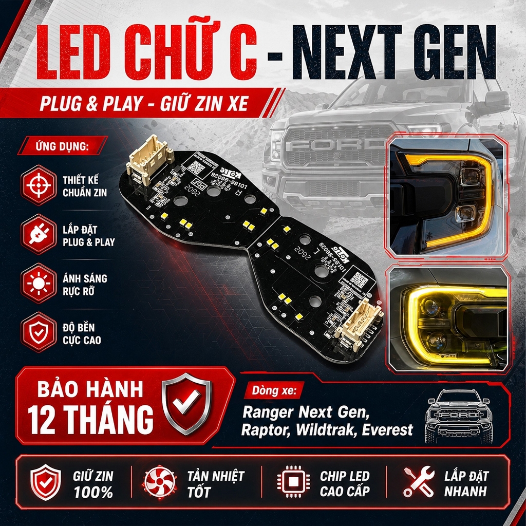 (PLUG & PLAY) MẠCH LED CHỮ C - LED DAYLIGHT CHO FORD RANGER NEXT GEN & RAPTOR
