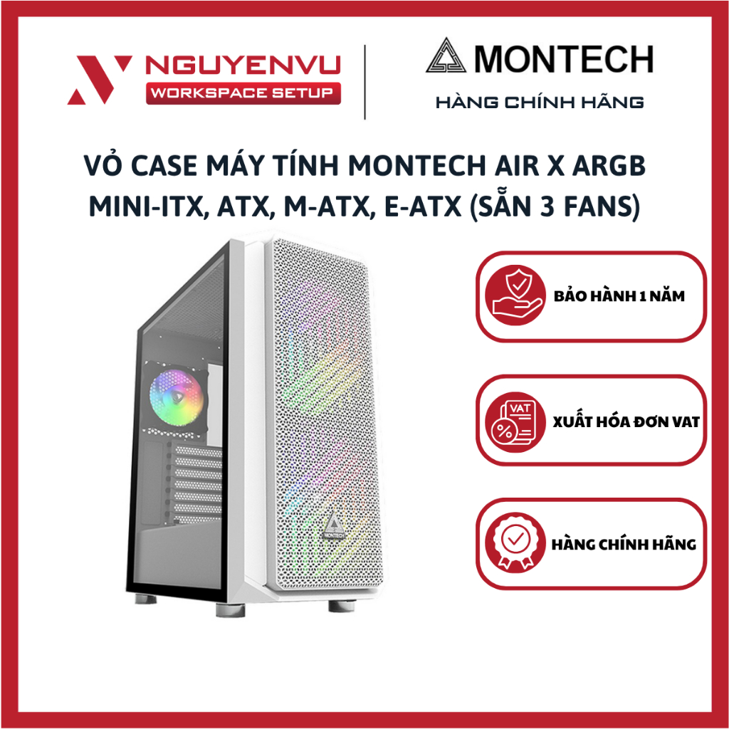 Vỏ Case máy tính Montech AIR X ARGB (Mini-ITX, ATX, M-ATX, E-ATX) - (Sẵn 3 Fans) - Hàng Chính Hãng