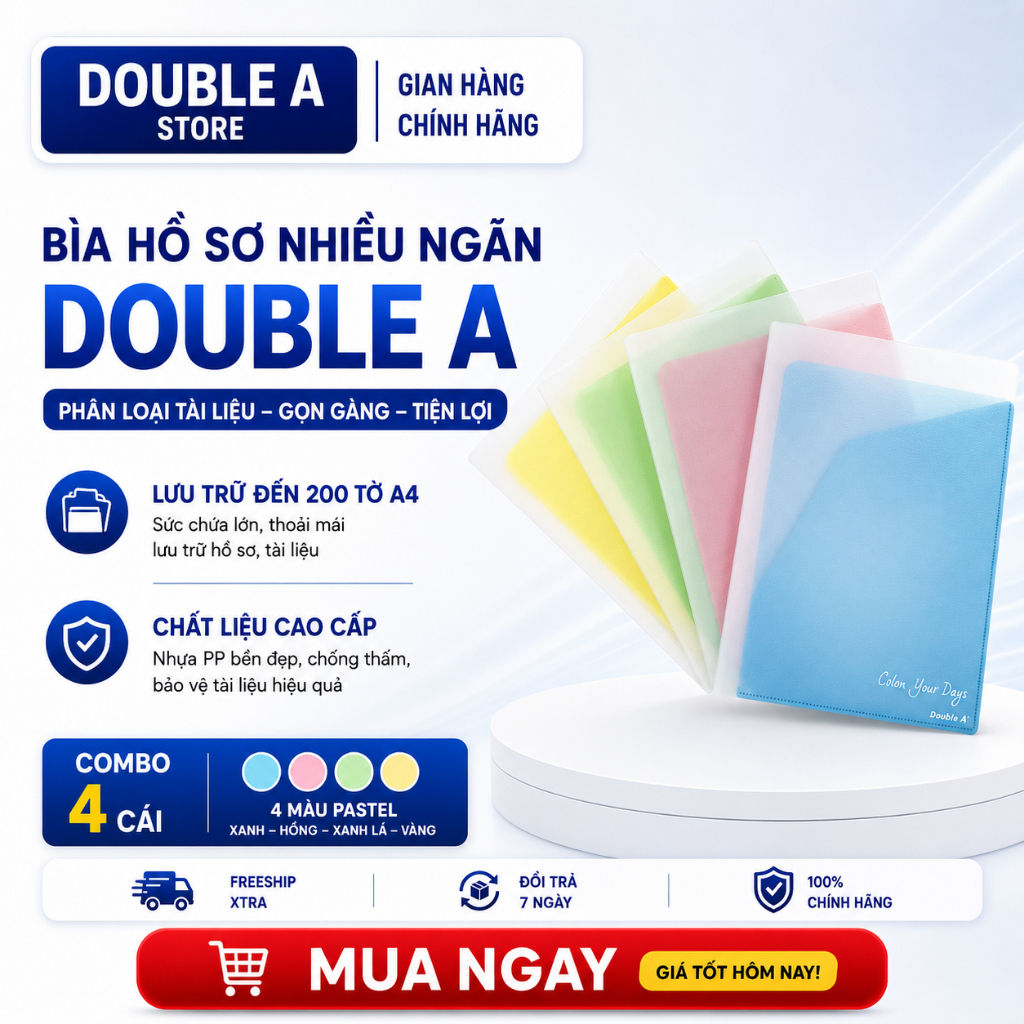 Combo 4 Bìa hồ sơ Nhiều Ngăn Double A, Lưu được 200 tờ A4 - Lưu được tài liệu khổ A3 - A4 - A5