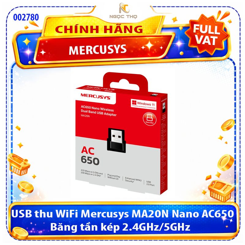 USB thu WiFi Mercusys MA20N Nano AC650 – Băng tần kép 2.4GHz/5GHz, cắm là dùng, Full VAT