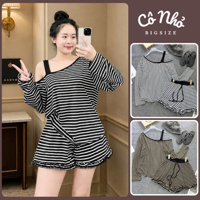 Set Bộ Bigsize Nữ Áo Kẻ Sọc Tay Dài Lệch Vai Phối Quần Lưng Chun Viền Bèo Cho Chubby SET873