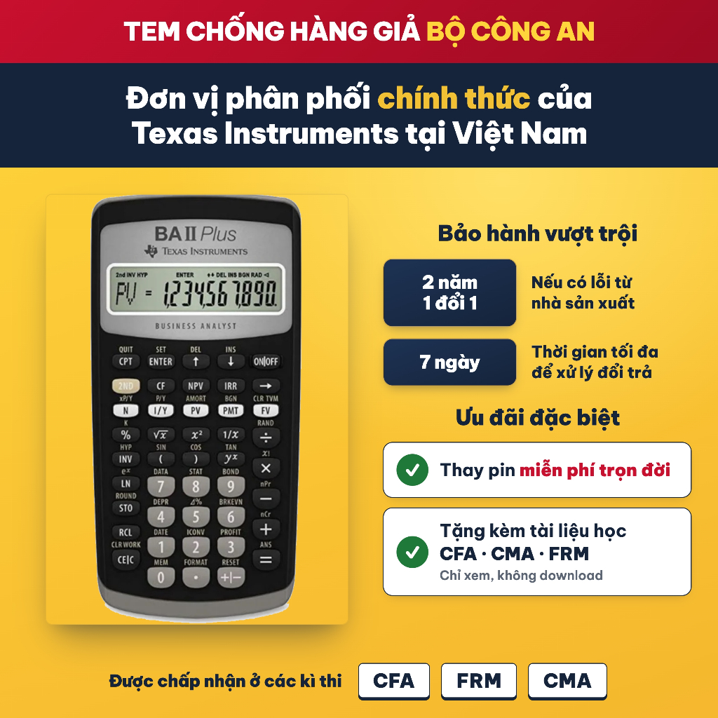 Texas Instruments Máy tính tài chính BA II Plus Fullbox, mẫu mới nhất, Lô sản xuất 01.2026
