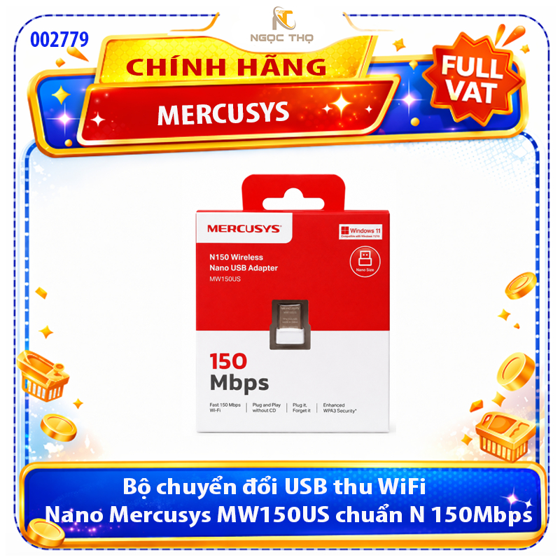 Bộ chuyển đổi USB thu WiFi Nano Mercusys MW150US chuẩn N 150Mbps – USB Wi-Fi Adapter N150 cho PC/Lap