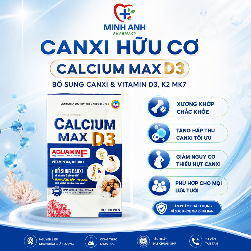 [Chứa Magie,Vitamin D3,K2] Viên uống Canxi hữu cơ Calcium Max D3 từ tảo biển đỏ