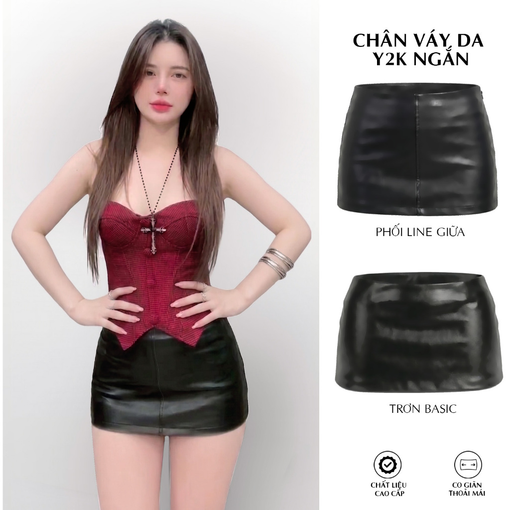 V83 - Chân Váy Da Ôm Body Cạp Vừa Hàng Đẹp Mini Ngắn Co Giãn Đen Cá Tính Y2K FYB Store Form Chuẩn Tô