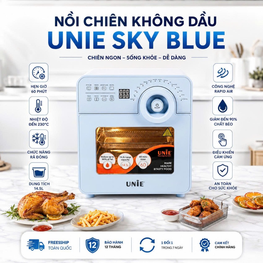 Nồi Chiên Không Dầu UNIE SKY BLUE 14.5L, Xanh Pastel, Công Suất 1700W