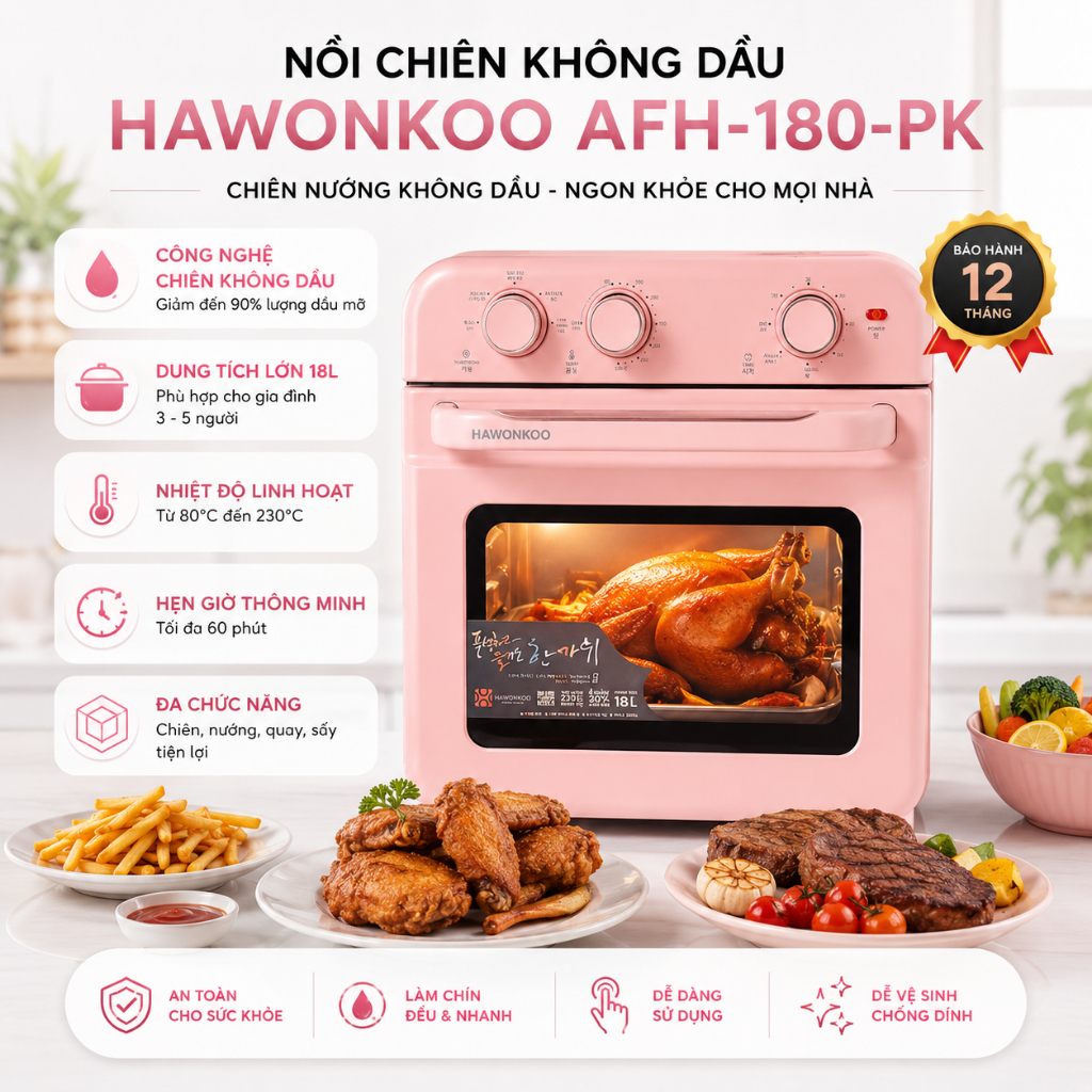 nồi chiên không dầu Hawonkoo AFH-180-PK màu hồng pastel