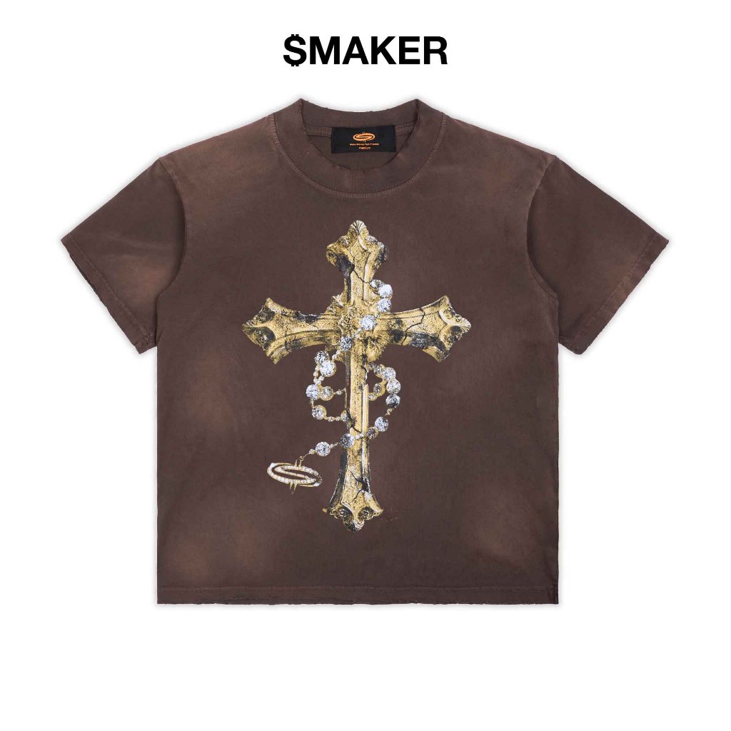 [SMAKER] Áo thun nam nữ 100% cotton màu nâu - CHAIN & CROSS WASHED TEE IN BROWN