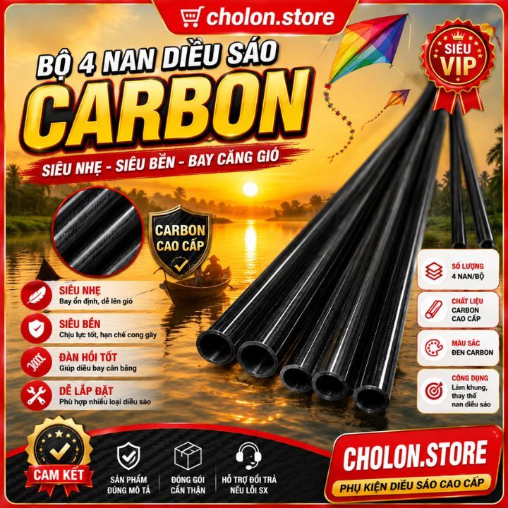 Bộ 4 Nan Diều Sáo Carbon Siêu Nhẹ Bền Chắc Dễ Lắp Đặt Cho Diều Sáo