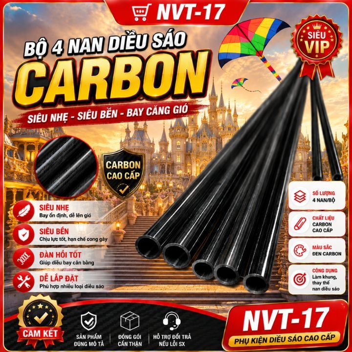 Bộ 4 Nan Diều Sáo Carbon Siêu Nhẹ Bền Chắc Dễ Lắp Đặt Cho Diều Sáo