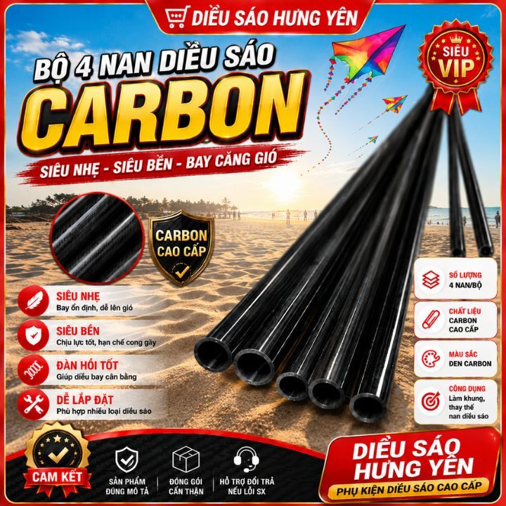 Bộ 4 Nan Diều Sáo Carbon Siêu Nhẹ Bền Chắc Dễ Lắp Đặt Cho Diều Sáo