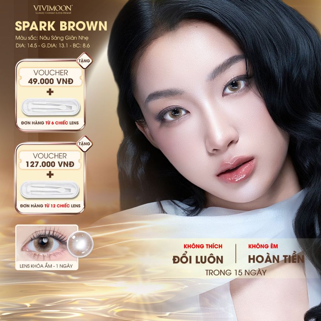 VIVIMOON lens cận khóa ẩm 1 ngày với lớp phủ MPC cao cấp, kính áp tròng Spark Brown màu nâu sáng giãn nhẹ