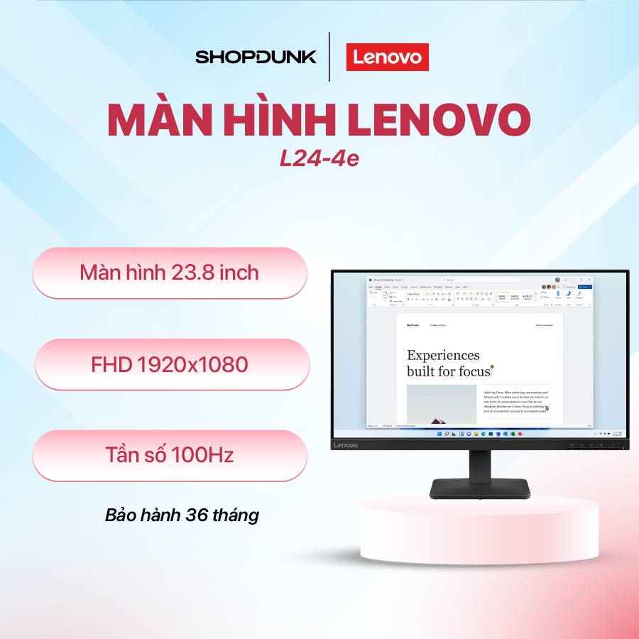 Màn Hình Lenovo L24-4e 23.8" | IPS | FHD 1920x1080 | Tần Số 100Hz | 4ms | 99% sRGB | Tặng Kèm Phụ Ki