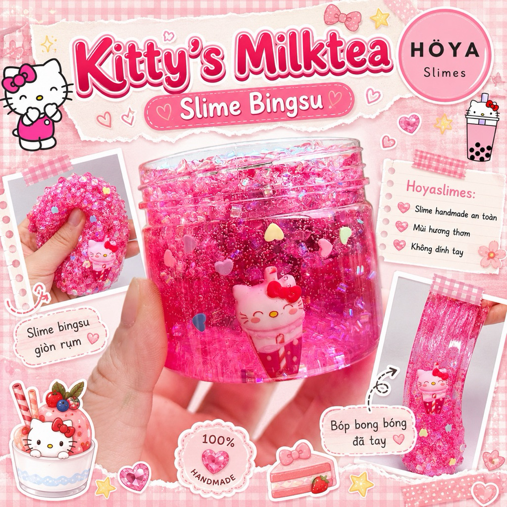 KITTY'S MILK TEA/ Slime Trong/ Clear Slime/ Chất Nhờn Ma Quái Trong Suốt Hạt Bingsu/ Slime Kèm Charm