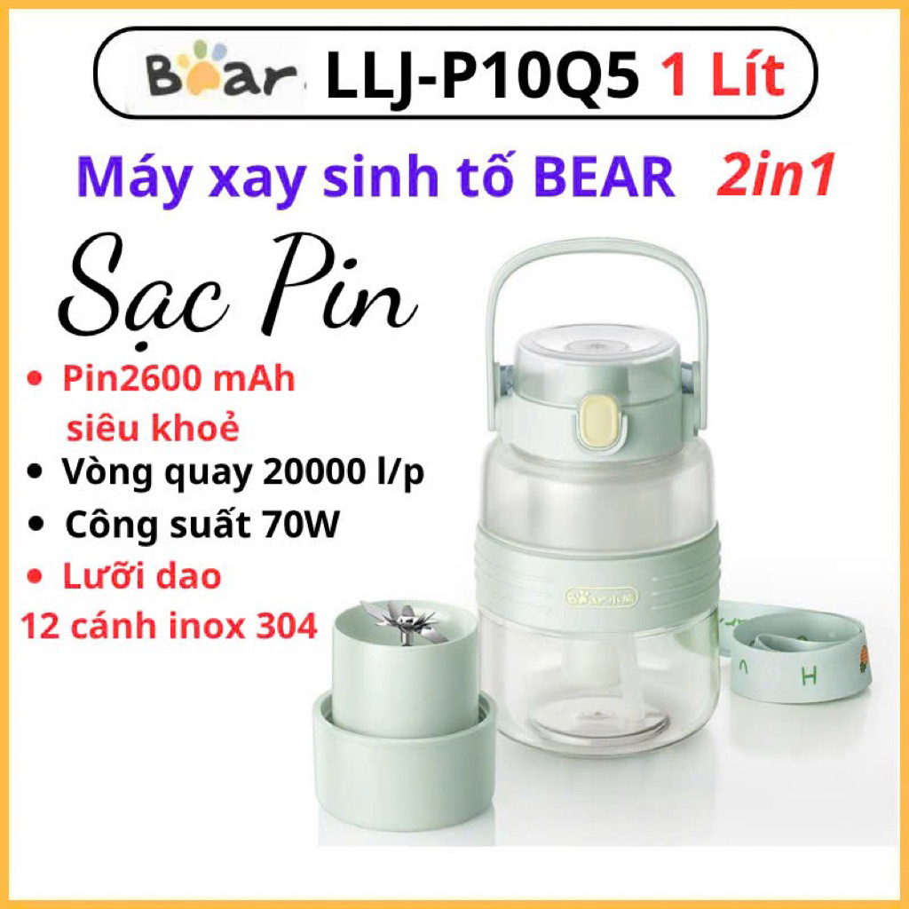 Máy xay sinh tố Bear LLJ-P10X5/P10Q5 dung tích 1L sạc pin 2600mAh lưỡi dao 12 cánh xay được đá