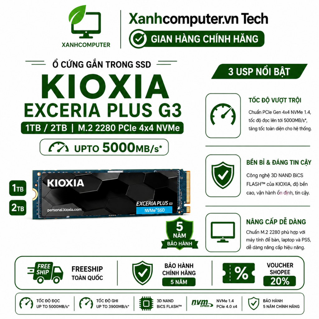 Ổ cứng trong SSD KIOXIA EXCERIA PLUS G3 1TB/2TB M2 2280 PCIe4x4 NVMe upto 5000Mb/s - Bảo hành 5 năm