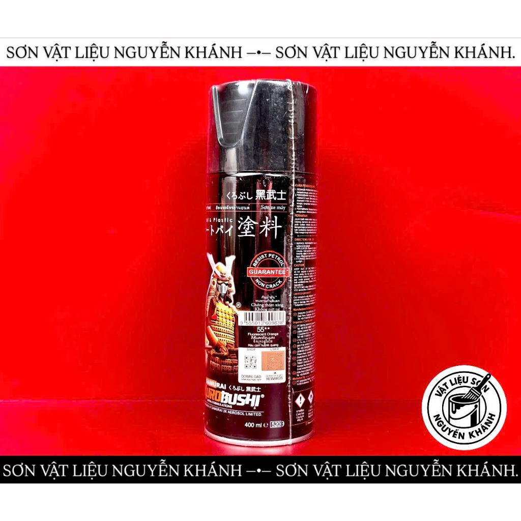 Sơn Xịt Samurai 55 Màu Cam Huỳnh Quang – Fluorescent Orange 400ml, Sơn Xịt Màu Cam Nổi Bật Cho Xe Máy, Nhựa, Kim Loại