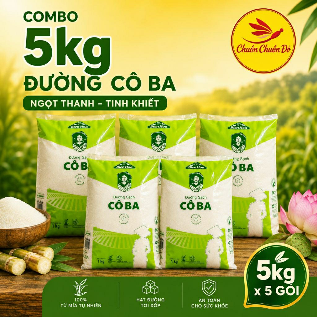 Combo 5Kg Đường Cô Ba Biên Hòa (5 Túi 1Kg) - Đường Sạch, Đường Cát Trắng, Nấu Ăn, Làm Bánh, Pha Chế