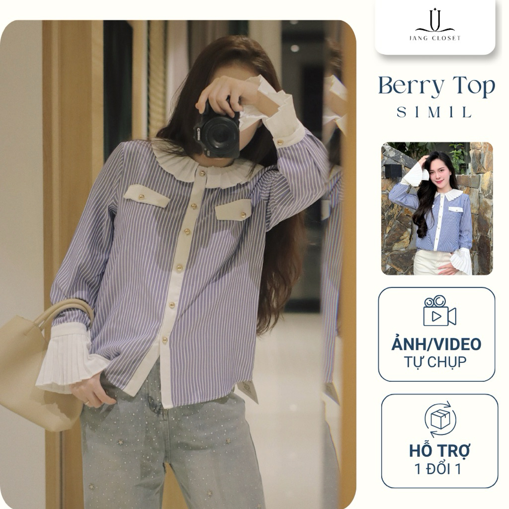 [NEW COLLECTION] Áo sơ mi nữ Berry Top công sở thanh lịch thiết kế kẻ sọc xanh, cổ bèo mặc đi chơi đ