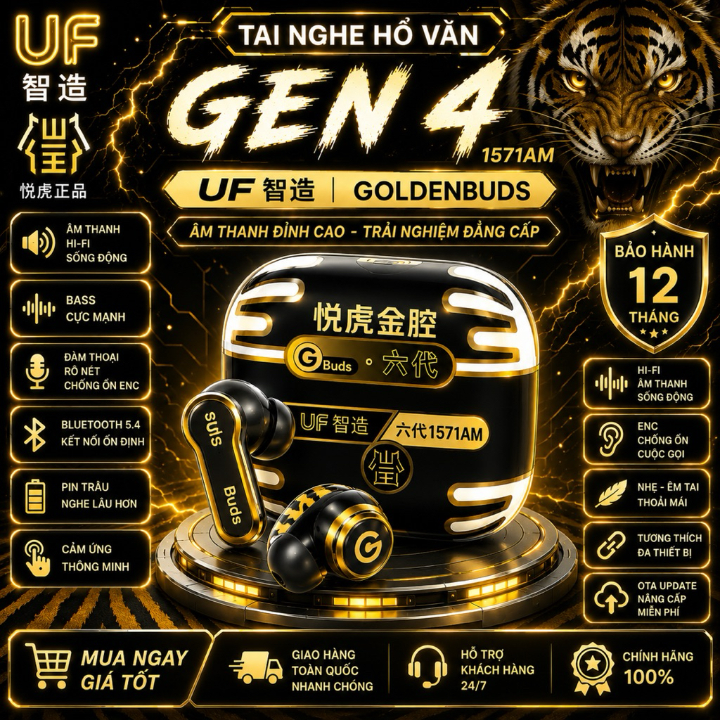 Tai Nghe Bluetooth Hổ Vằn Ap4 1571AM UF Golden Buds 2026 - Chống Ồn 45dB - Adaptive - Âm Thanh Mạnh 