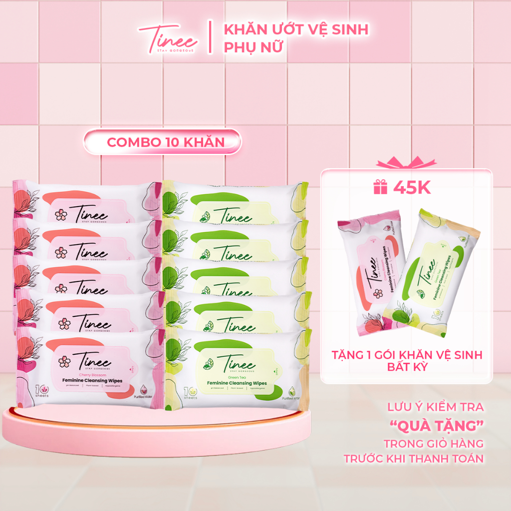 Combo 10 Gói khăn giấy ướt vệ sinh phụ nữ Tinee 10 tờ/gói Hương thơm dịu nhẹ, hạn chế nấm khuẩn