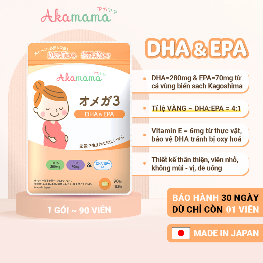 DHA cho bà bầu Akamama - Nhật Bản, viên nhỏ, không mùi vị, dễ uống - 1 gói 90 viên