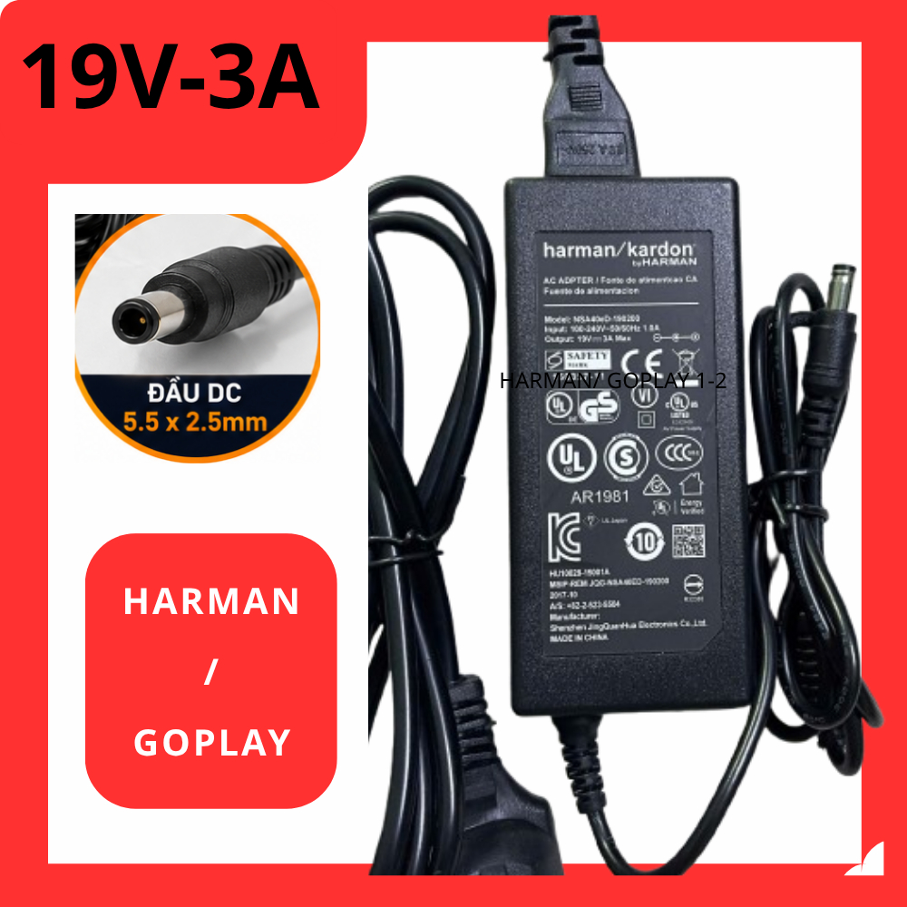 Adapter Nguồn Sạc Loa Harman Kardon 19V- 3A, 57W. Cho Go Play 1 / Go Play 2. Jack DC 5.5 x 2.5mm
