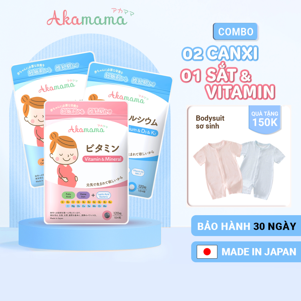 [QUÀ 150K] COMBO 2 CANXI + 1 SẮT & VITAMIN cho bà bầu Akamama, Nhật Bản