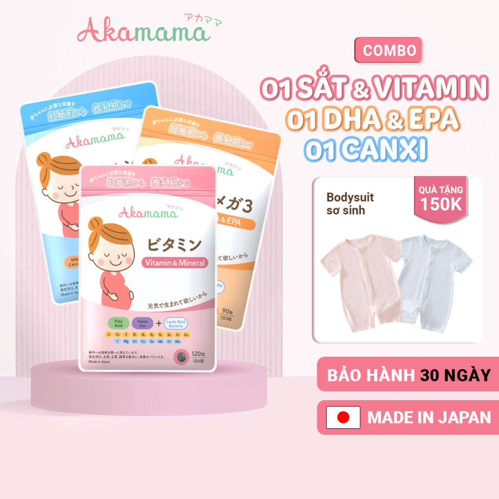 [QUÀ 150K] COMBO 1 SẮT & VITAMIN + 1 DHA + 1 CANXI cho bà bầu Akamama, Nhật Bản