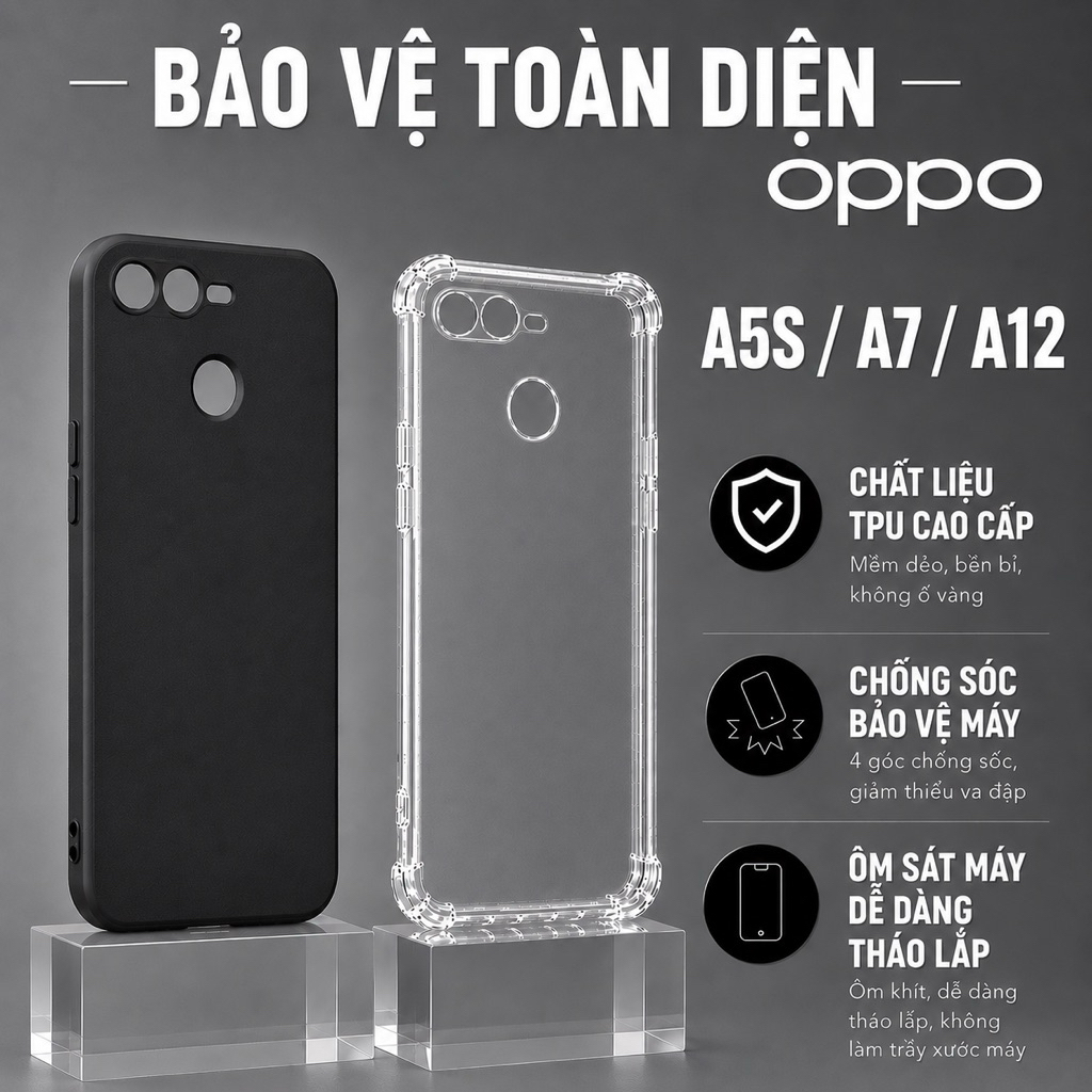 Ốp lưng Oppo A5S, A12, A7 ốp TPU đen trơn - trơn trong suốt | Ốp điện thoại Oppo dẻo bảo vệ camera đ