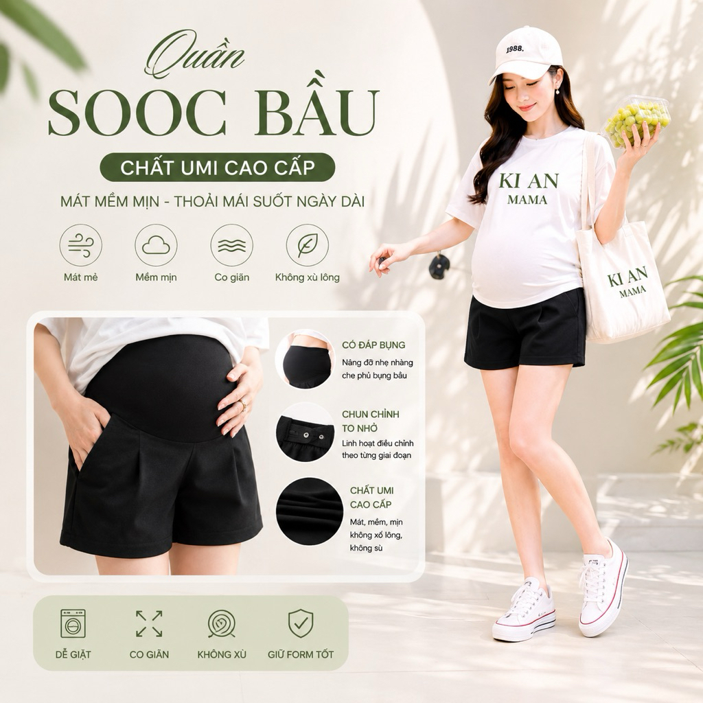 Quần bầu Ki An QB00037 quần sooc bầu chất umi siêu mát siêu mềm siêu đẹp🌸quần đùi bầu size từ s~3xl🌸