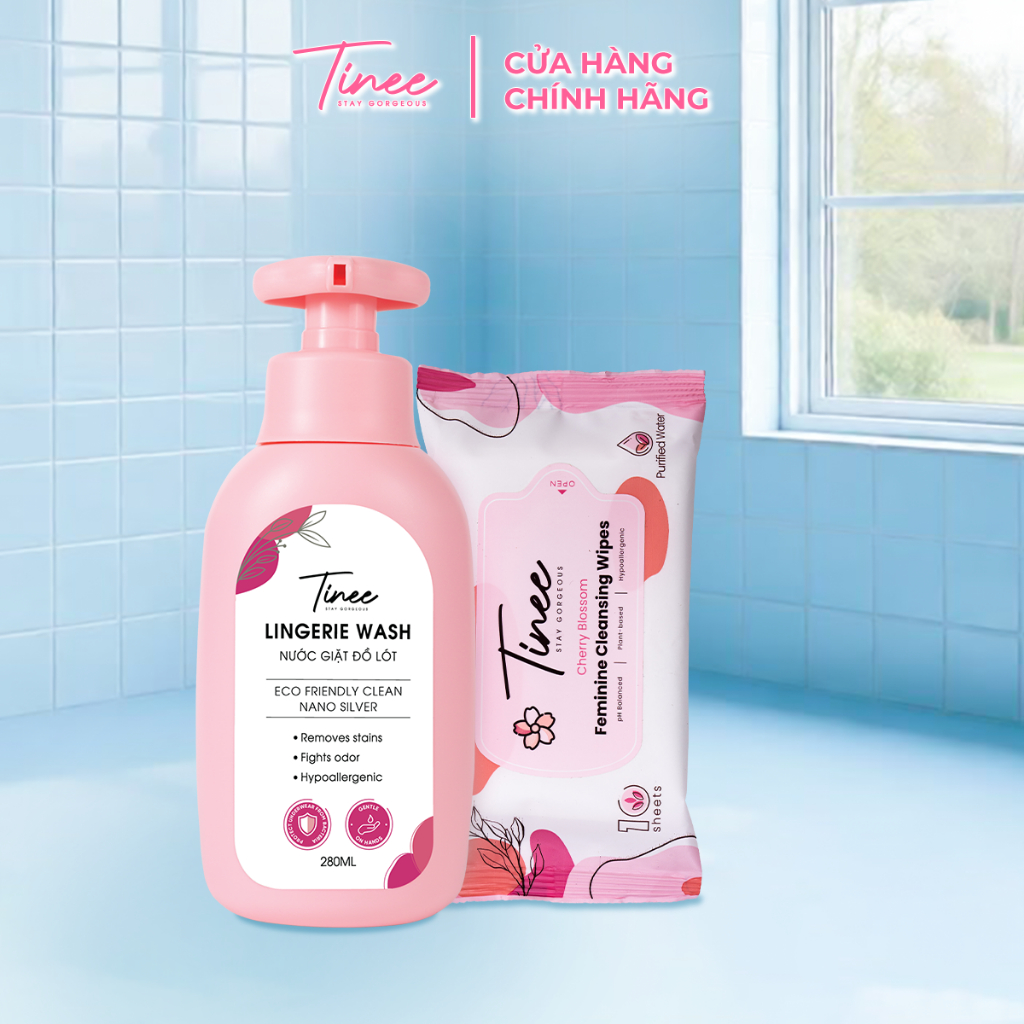 Combo 1 Nước Giặt Đồ Lót Chuyên Dụng Và 1 Gói Khăn Ướt Vệ Sinh Phụ Nữ Tinee Hoa Anh Đào 10 tờ/Gói