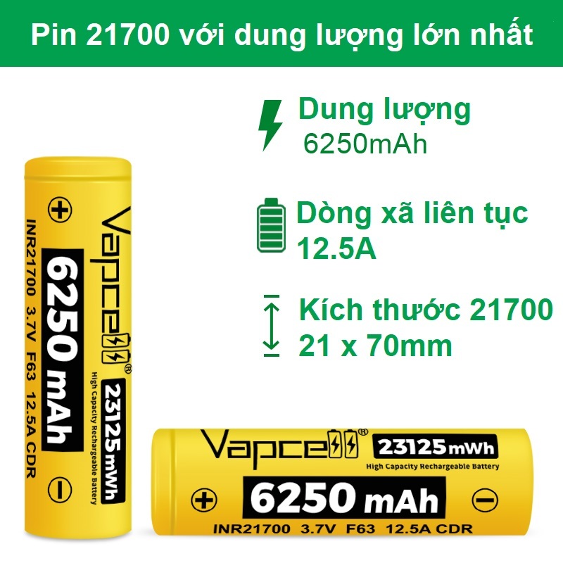 [P75-2] Pin sạc Vapcell 21700 F63 Dung Lượng lớn nhất hiện tại 6250mAh xã 12.5A hàng New mới