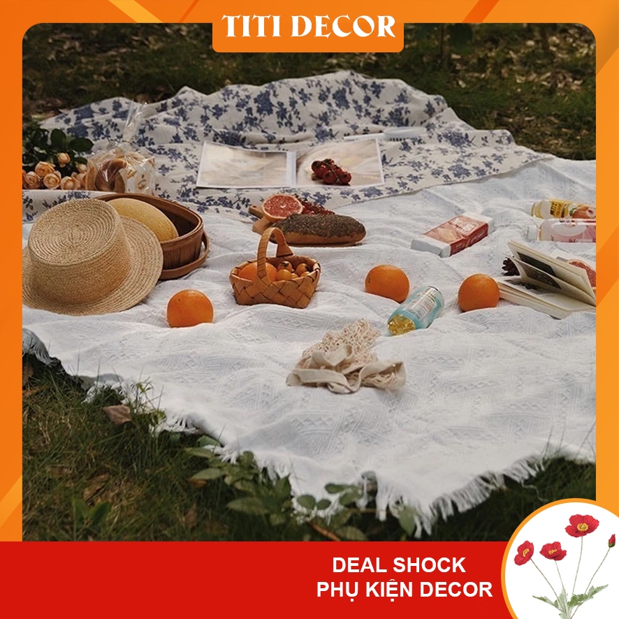 Thảm picnic, thảm dã ngoại, thảm đi biển vải cotton polyester, khăn ren trắng phong cách vintage