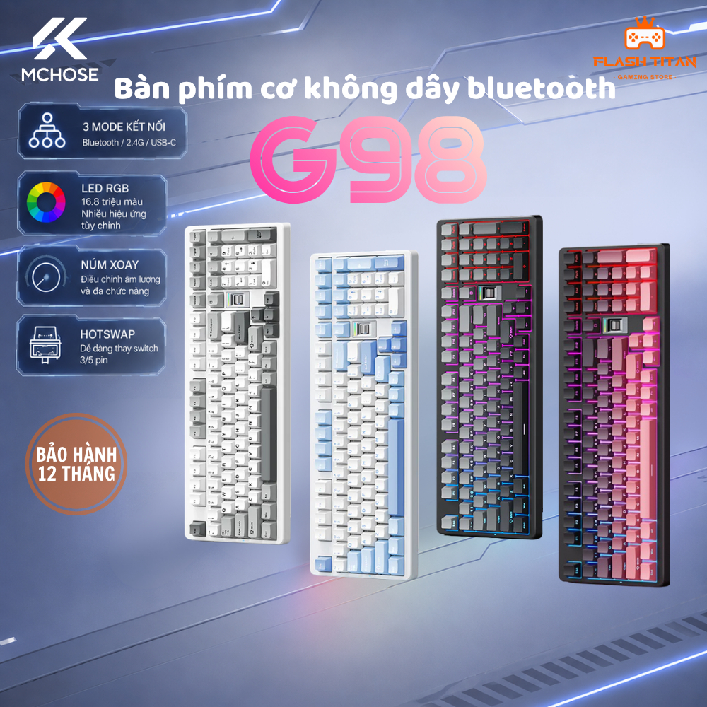 Bàn phím cơ Mchose G98 pro - 3 mode kết nối - Hỗ trợ hotswap - Led RGB nhiều chế độ - Mạch xuôi