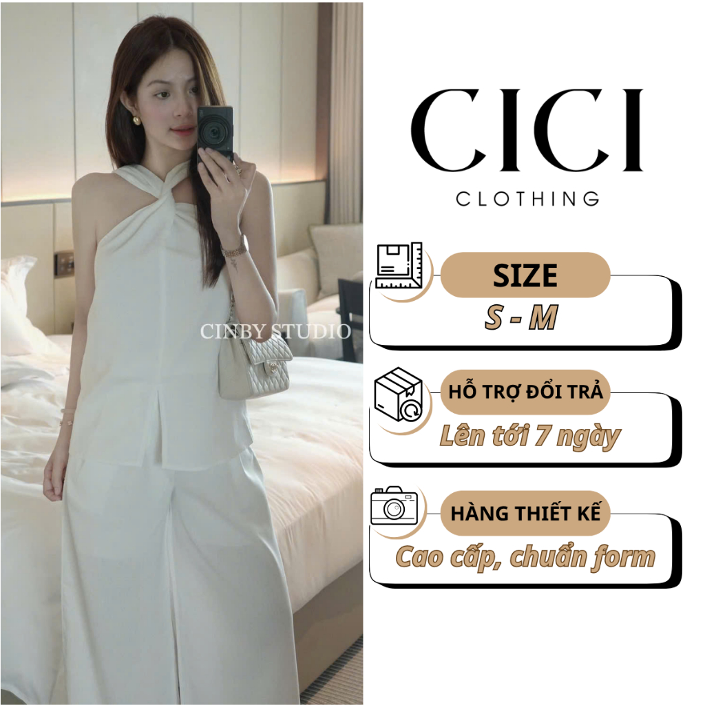 M83 - Set Linen Cổ Xoắn Thanh Lịch Phối Quần Suông Ống Rộng Cao Cấp - Cici Clothing