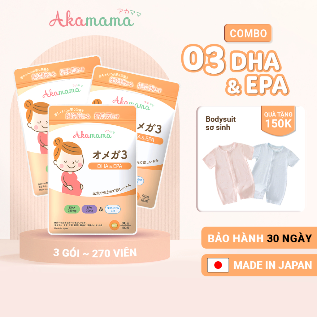 [QUÀ 150K] COMBO 3 DHA & EPA cho bà bầu Akamama, Nhật Bản - 3 gói tổng 270 viên