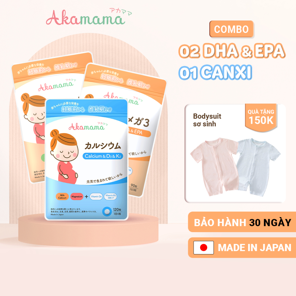 [QUÀ 150K] COMBO 2 DHA + 1 CANXI cho bà bầu Akamama, Nhật Bản