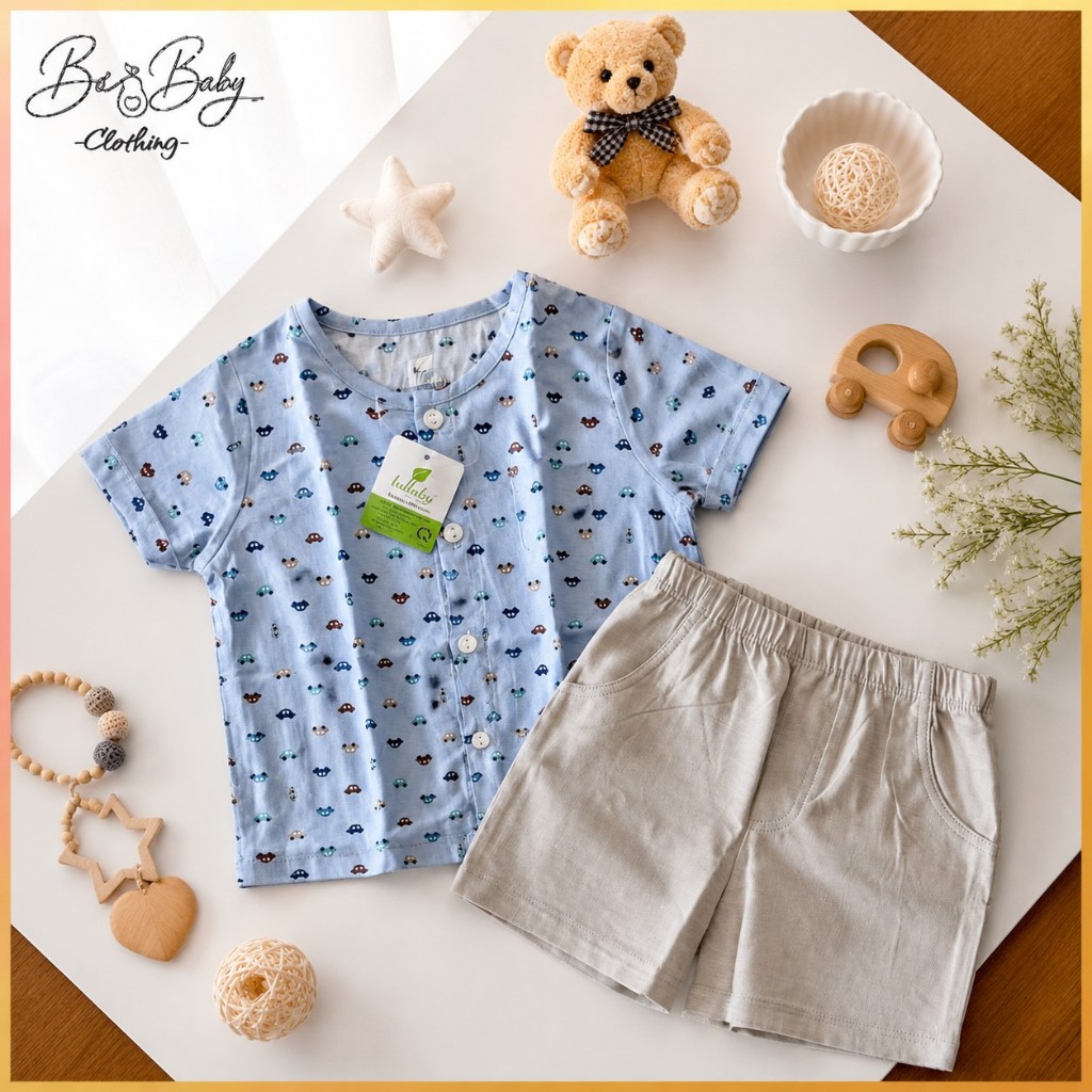 [6-12M] Bộ Cộc Tay Họa Tiết Ô Tô Màu Xanh Cho Bé - Lullaby (Bơ Baby)