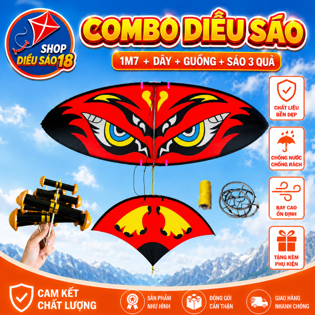ComBo Diều Sáo 1M7. Gồm Diều 1m7+ 350M Dây +Guồng innox + Sáo.Hàng Chất Lượng