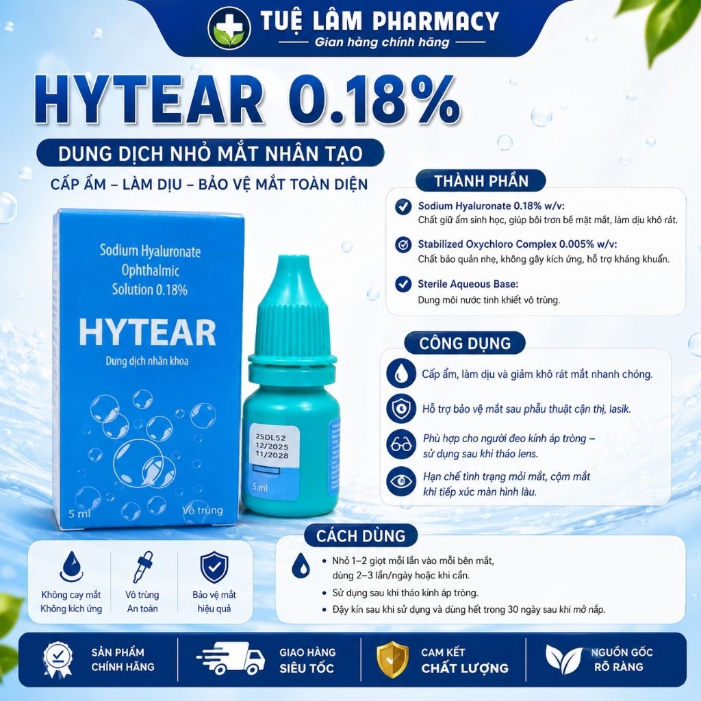 Nước Mắt Nhân Tạo Hytear 5ml – Nhỏ Mắt Cho Lens, Sau Mổ Cận, Cấp Ẩm Giảm Khô Rát, Phù Hợp Kính Áp Tr