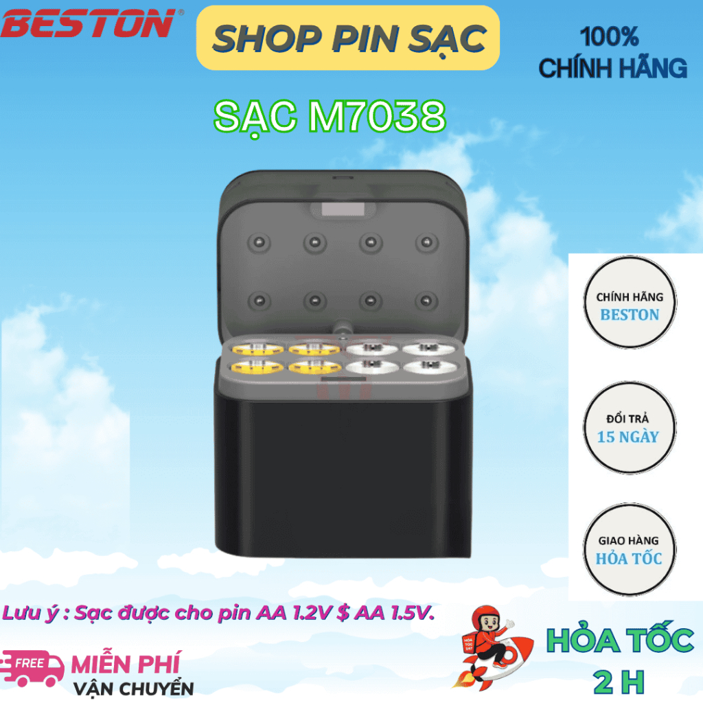 Bộ Sạc Beston M7038 sạc được cho cả pin 1.2V và 1.5V, cổng sạc type C tiện lợi, có đèn báo sạc