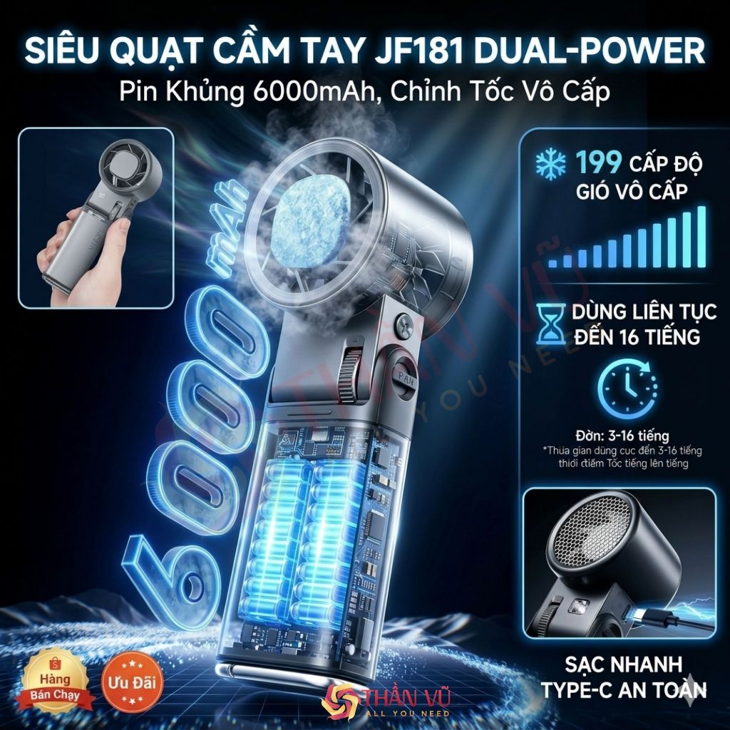Quạt Cầm Tay Mini Thần Vũ JF181 Động Cơ Tăng Áp Pin 6000, Có Sò Tuyết Lạnh 16°C Vỏ Nhôm Cao Cấp | BigBuy360 - bigbuy360.vn