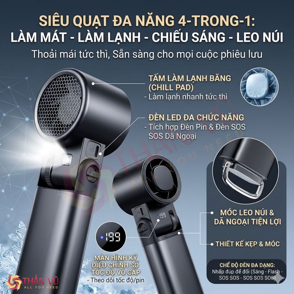Quạt Cầm Tay Mini Thần Vũ JF181 Động Cơ Tăng Áp Pin 6000, Có Sò Tuyết Lạnh 16°C Vỏ Nhôm Cao Cấp | BigBuy360 - bigbuy360.vn