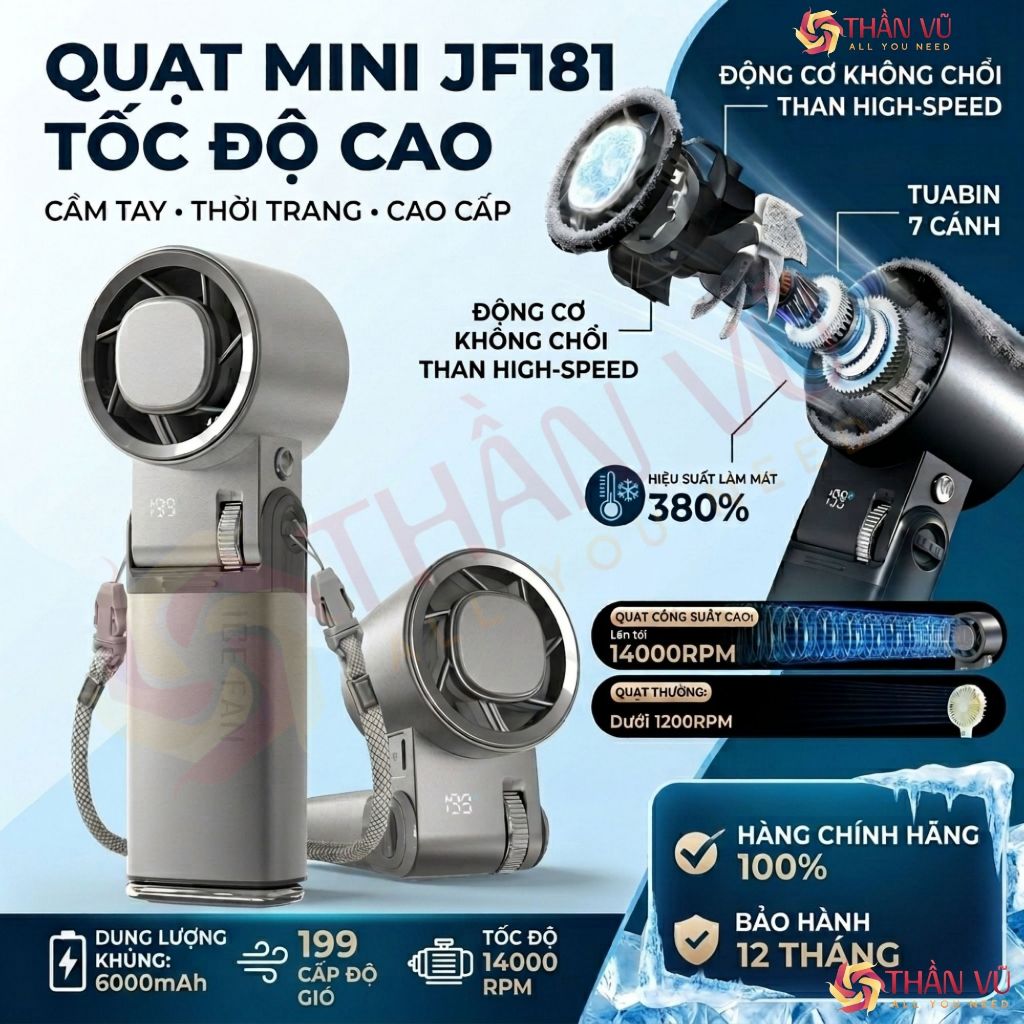 Quạt Cầm Tay Mini Thần Vũ JF181 Động Cơ Tăng Áp Pin 6000, Có Sò Tuyết Lạnh 16°C Vỏ Nhôm Cao Cấp | BigBuy360 - bigbuy360.vn