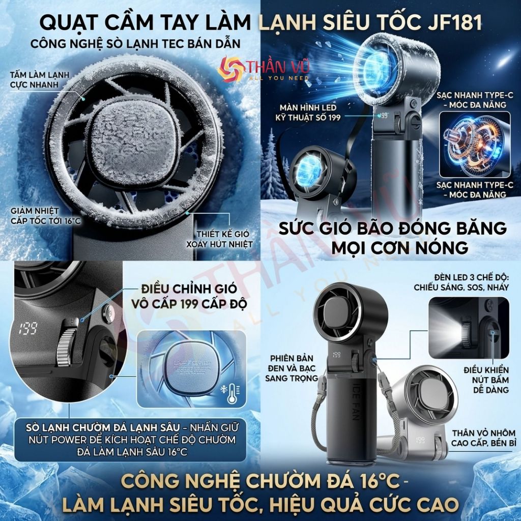 Quạt Cầm Tay Mini Thần Vũ JF181 Động Cơ Tăng Áp Pin 6000, Có Sò Tuyết Lạnh 16°C Vỏ Nhôm Cao Cấp | BigBuy360 - bigbuy360.vn
