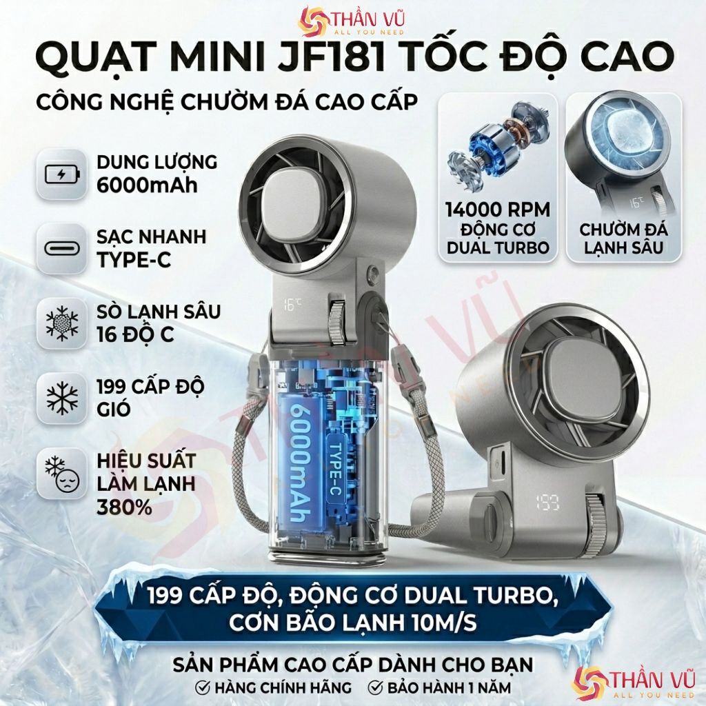 Quạt Cầm Tay Mini Thần Vũ JF181 Động Cơ Tăng Áp Pin 6000, Có Sò Tuyết Lạnh 16°C Vỏ Nhôm Cao Cấp | BigBuy360 - bigbuy360.vn