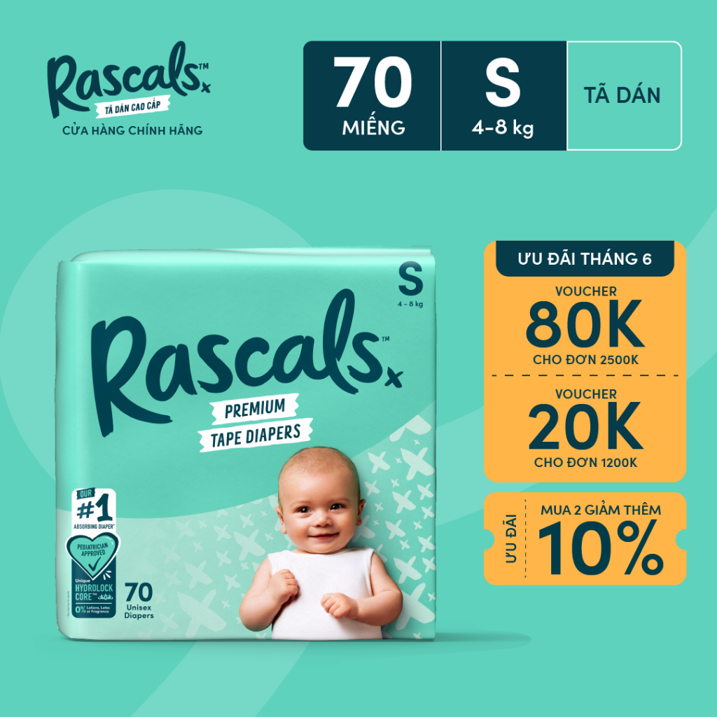 Tã/Bỉm Dán Rascals Size S (4-8kg) 70 miếng