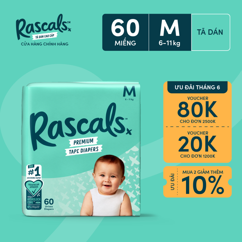 Tã/Bỉm Dán Rascals Size M (6-11kg) 60 miếng