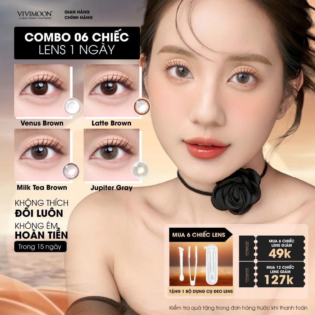 [COMBO 6 CHIẾC] Lens cận 1 ngày VIVIMOON, kính áp tròng khóa ẩm Venus Brown, Latte Brown, Milk Tea B